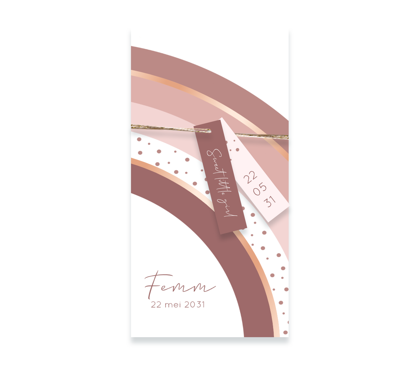 Label geboortekaartje meisje met roze regenboog en roségoudfolie