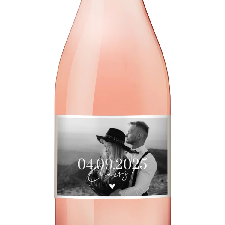 Wijnetiket persoonlijk met foto en trouwdatum - per 5 stuks