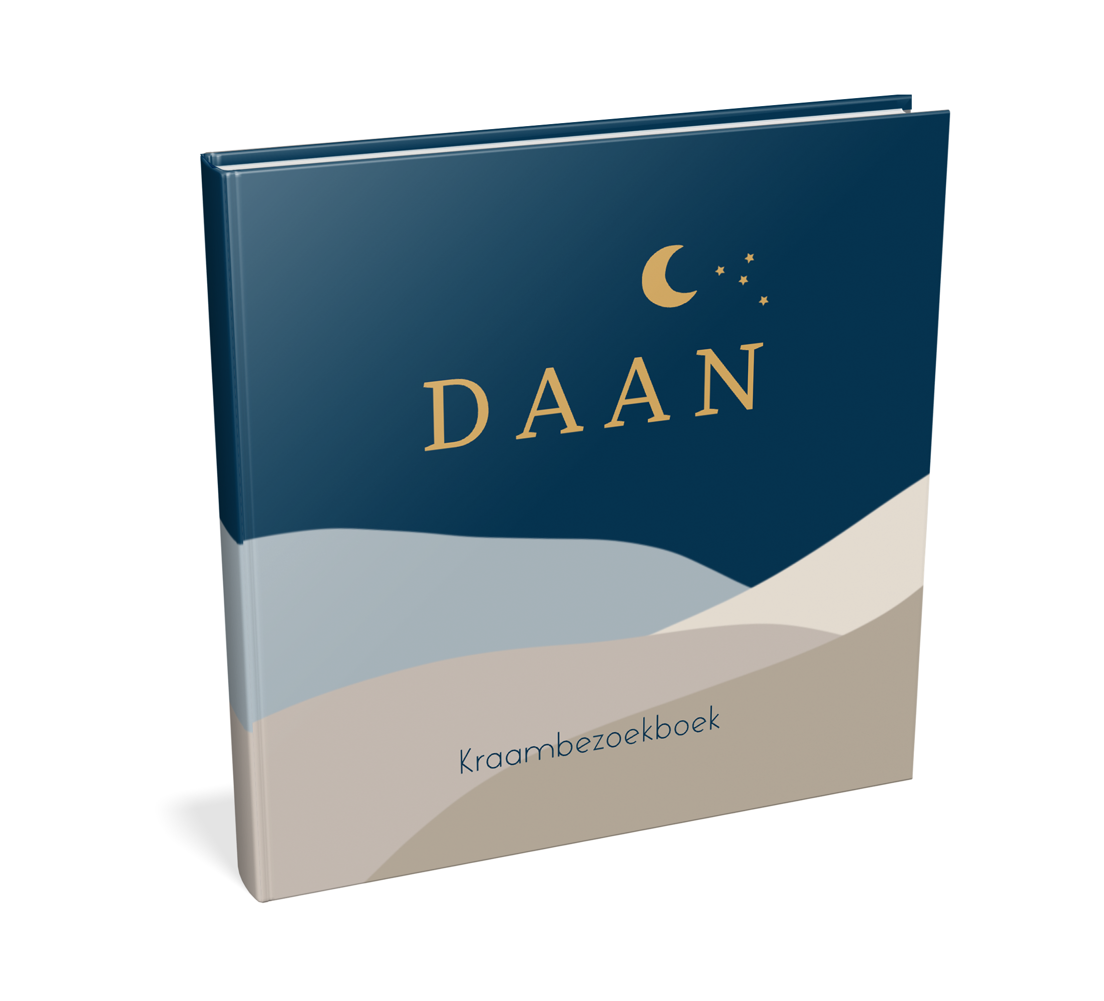 Kraambezoekboek blauw met berglandschap en maantje