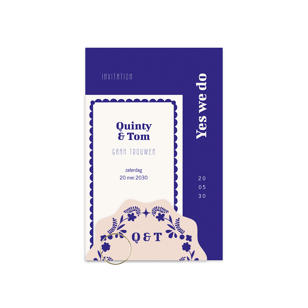 Folk trouwkaart met labels en bloemen