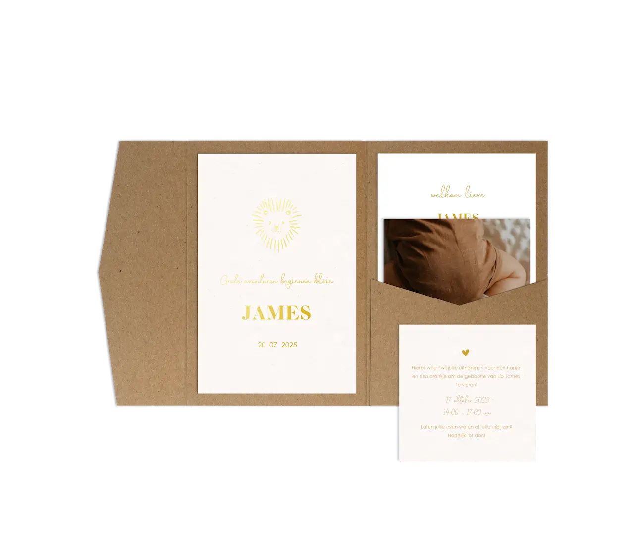 Pocketfold geboortekaartje met leeuwtje en goudfolie