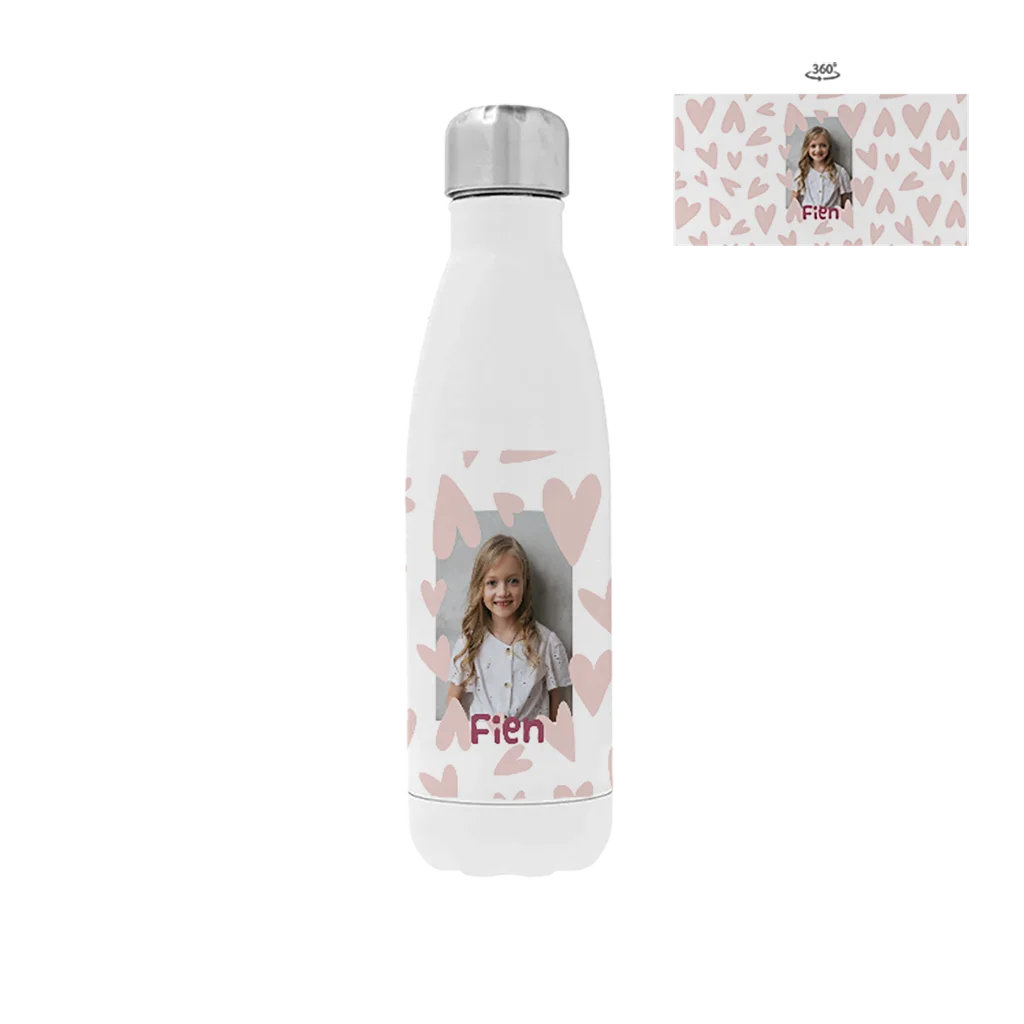Rvs drinkfles met naam, foto en hartjespatroon