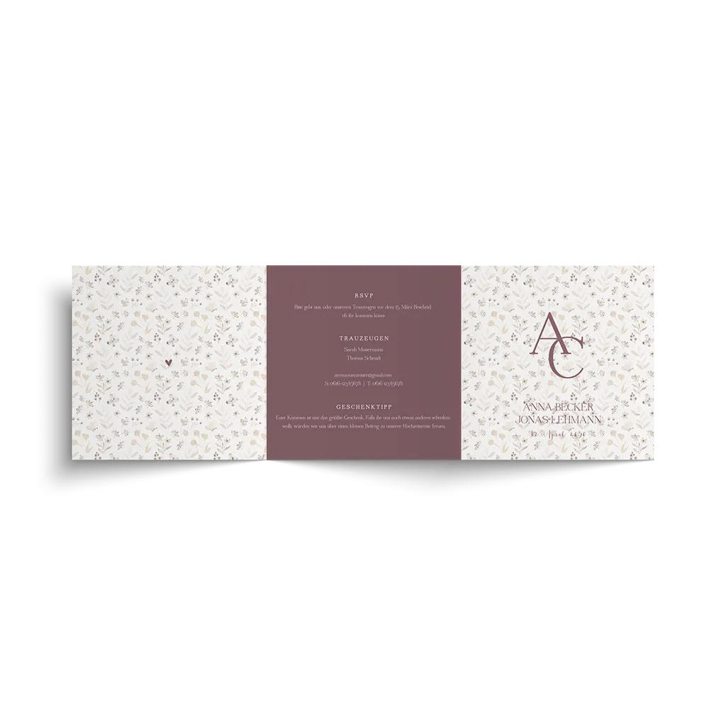 Hochzeitseinladung Triptychon mit Blumenmuster und Karomuster