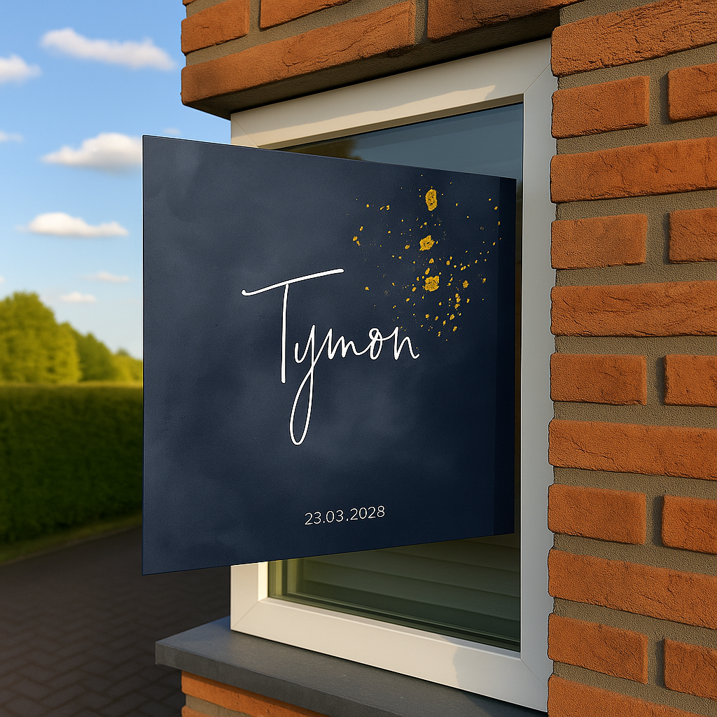 Hip geboortebord jongen met goud-look spetters