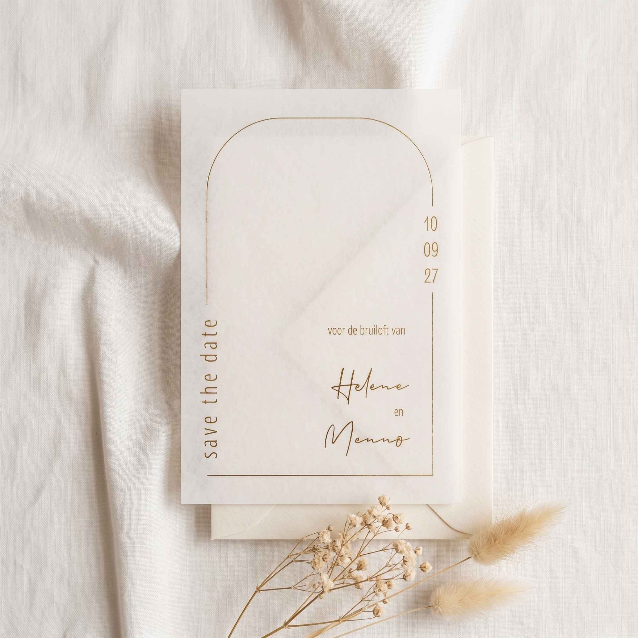 Save the Date kalkpapier modern boog goudfolie