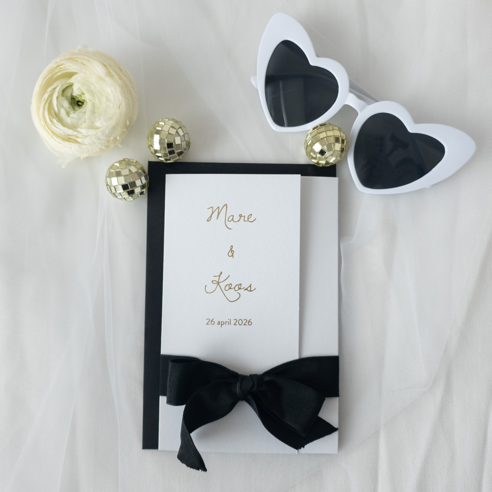 Trouwkaart drieluik mapje wit zwart goud