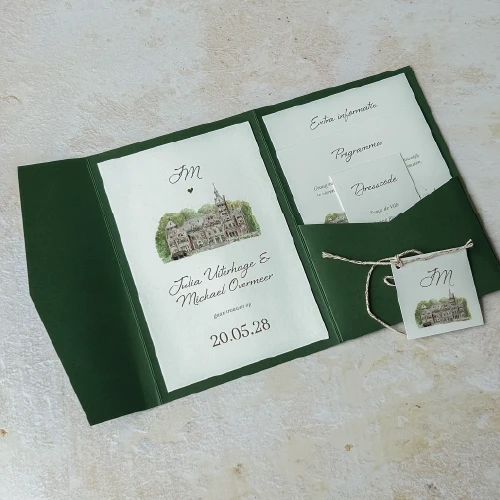 Pocketfold trouwkaart trouwlocatie chique folie - inhoud