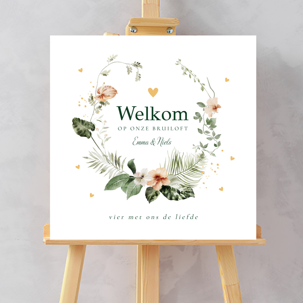 Welkomstbord huwelijk wit tropisch bladeren groen