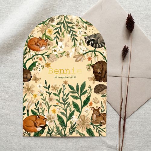 Geboortekaartje jongen bosdieren takjes bloemen