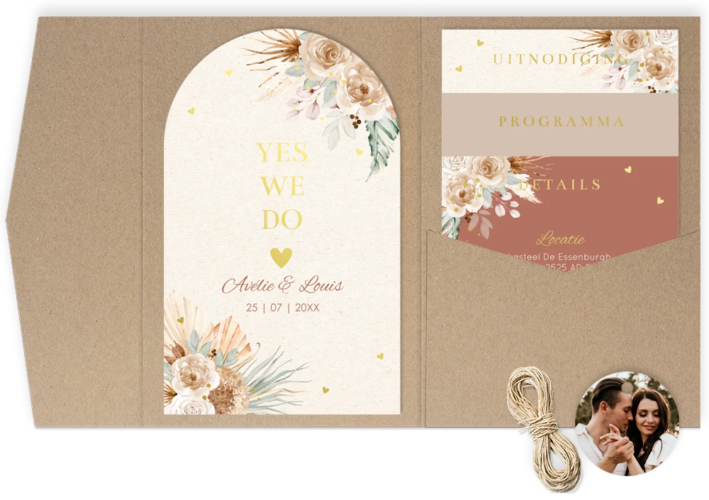 Pocketfold trouwkaart bohemian bloemen beige goudfolie