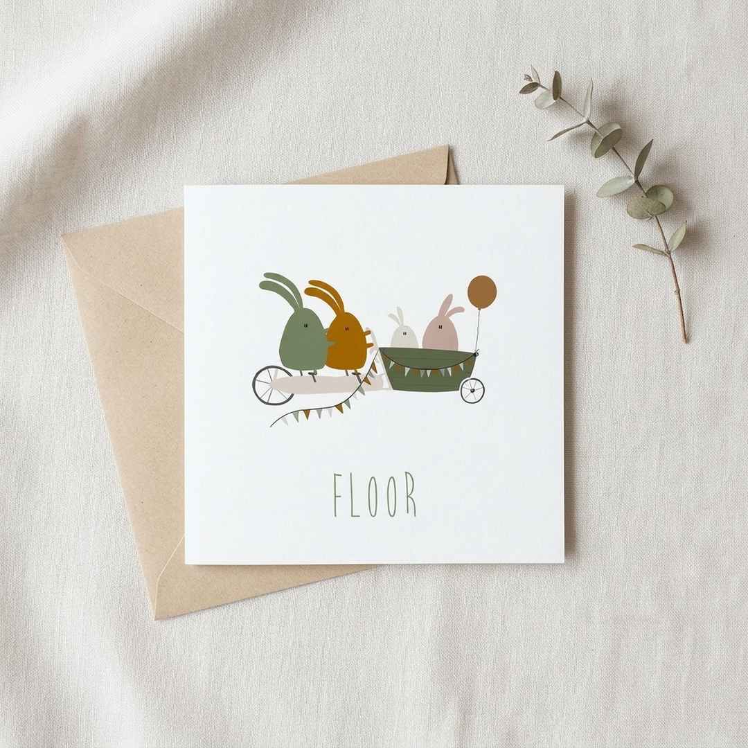 Geboortekaartje konijnen familie bakfiets