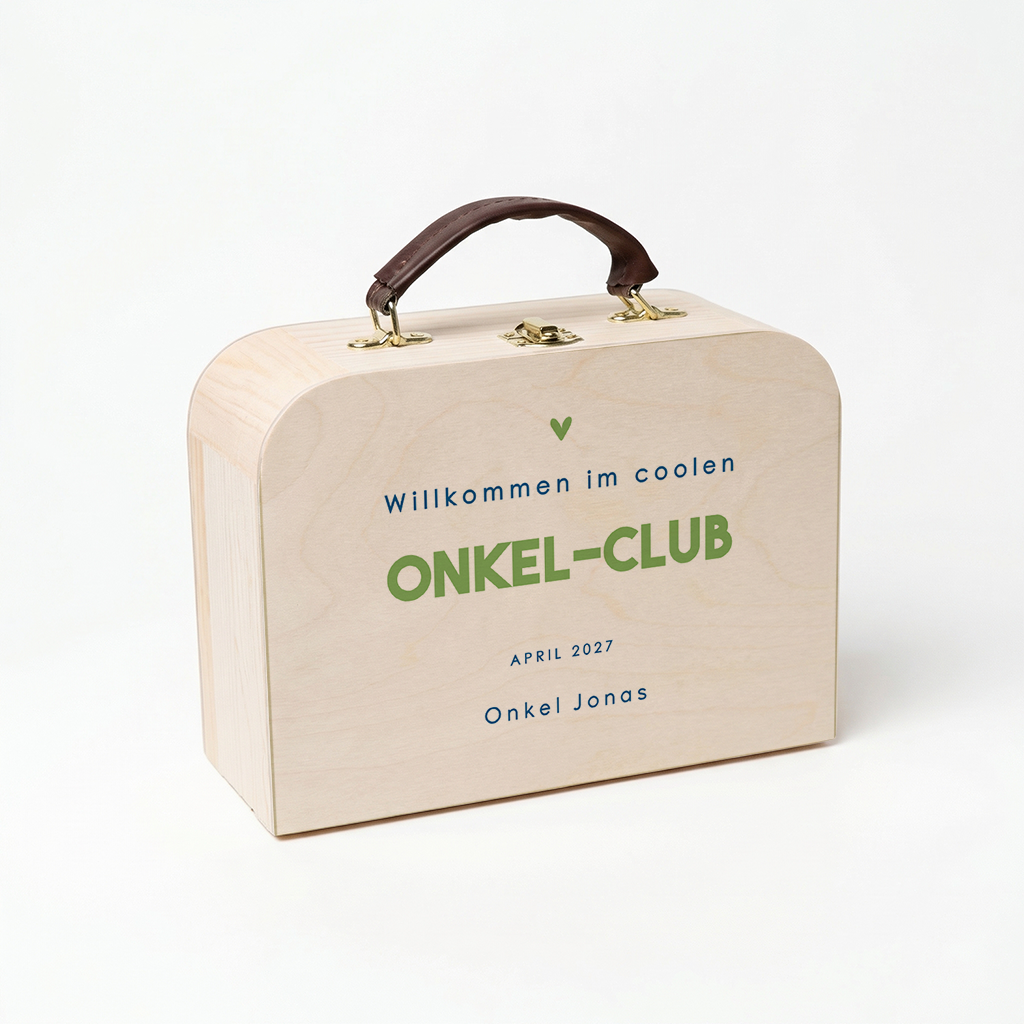 Kinderkoffer als Schwangerschaftsankündigung für Onkel