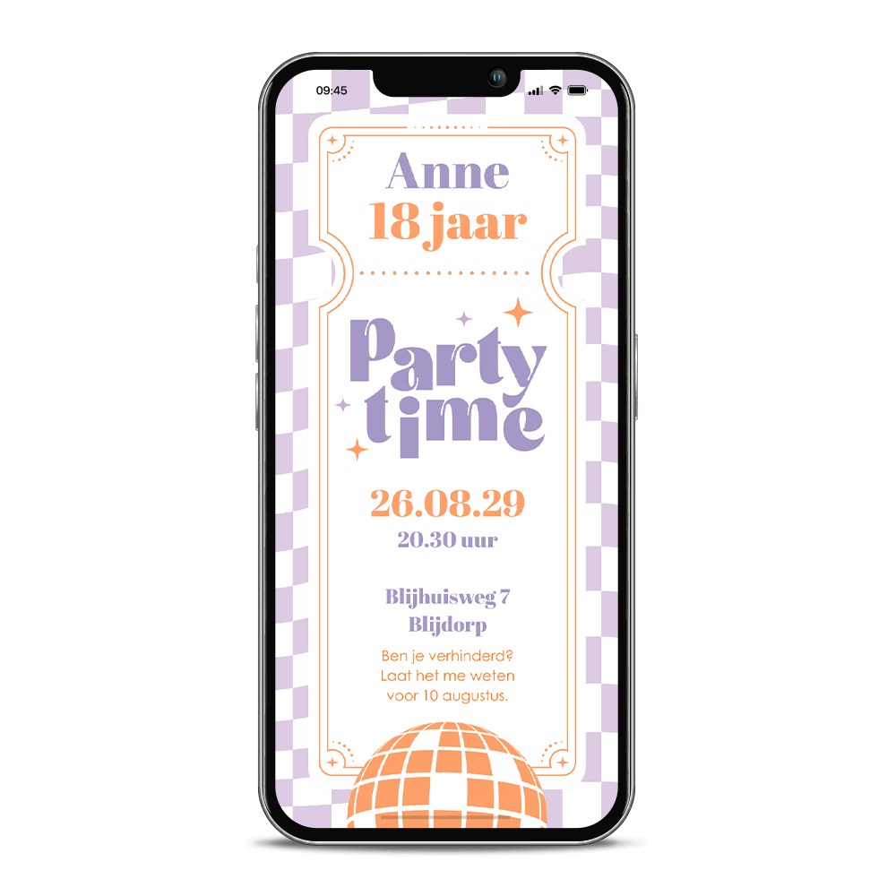 Digitale verjaardagsuitnodiging met ticket en discobal