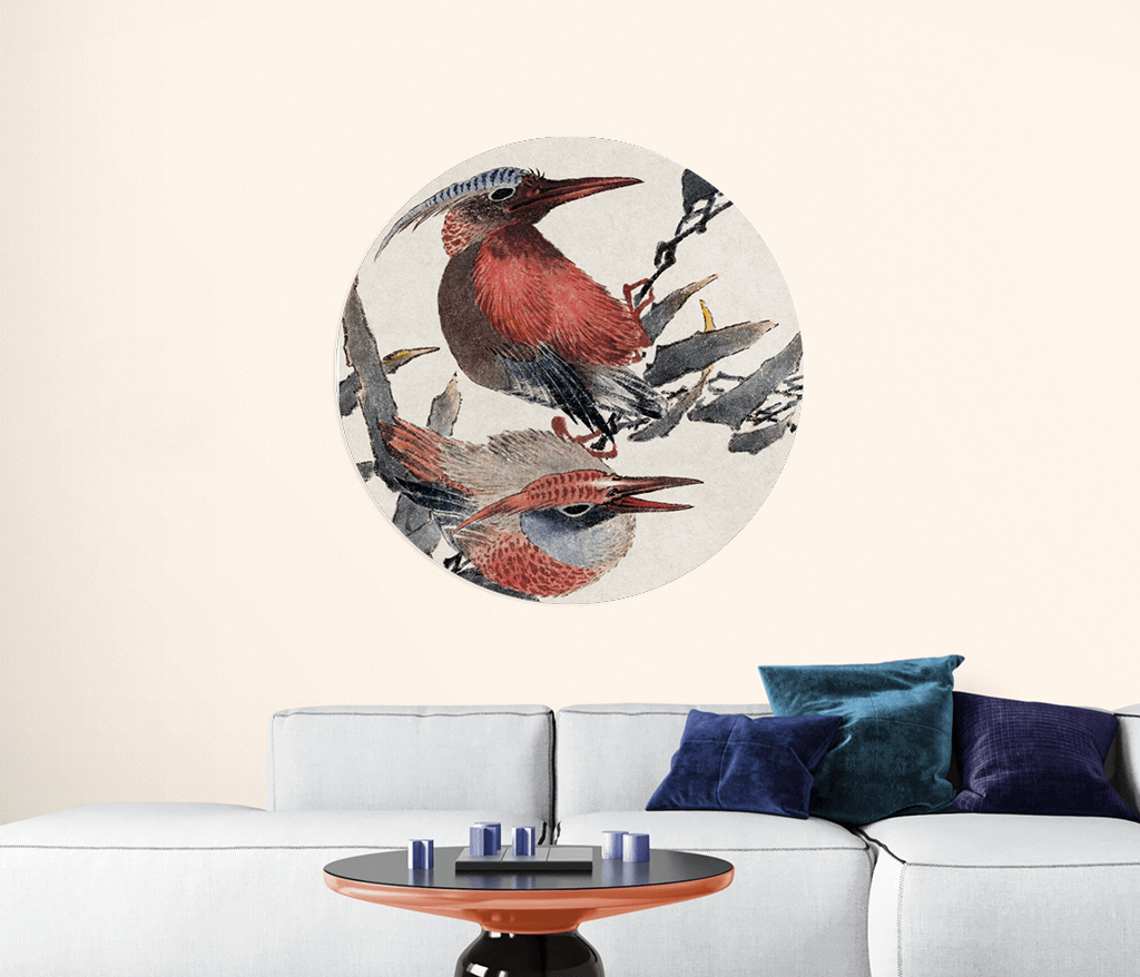 Papier peint rond - Les oiseaux rouges de Katsushika Hokusai