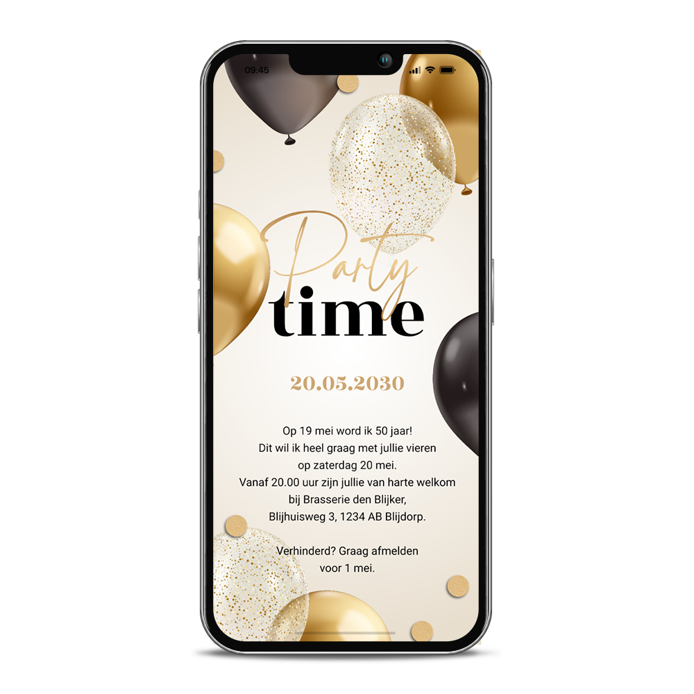 Digitale party time verjaardag uitnodiging met ballonnen in goudlook