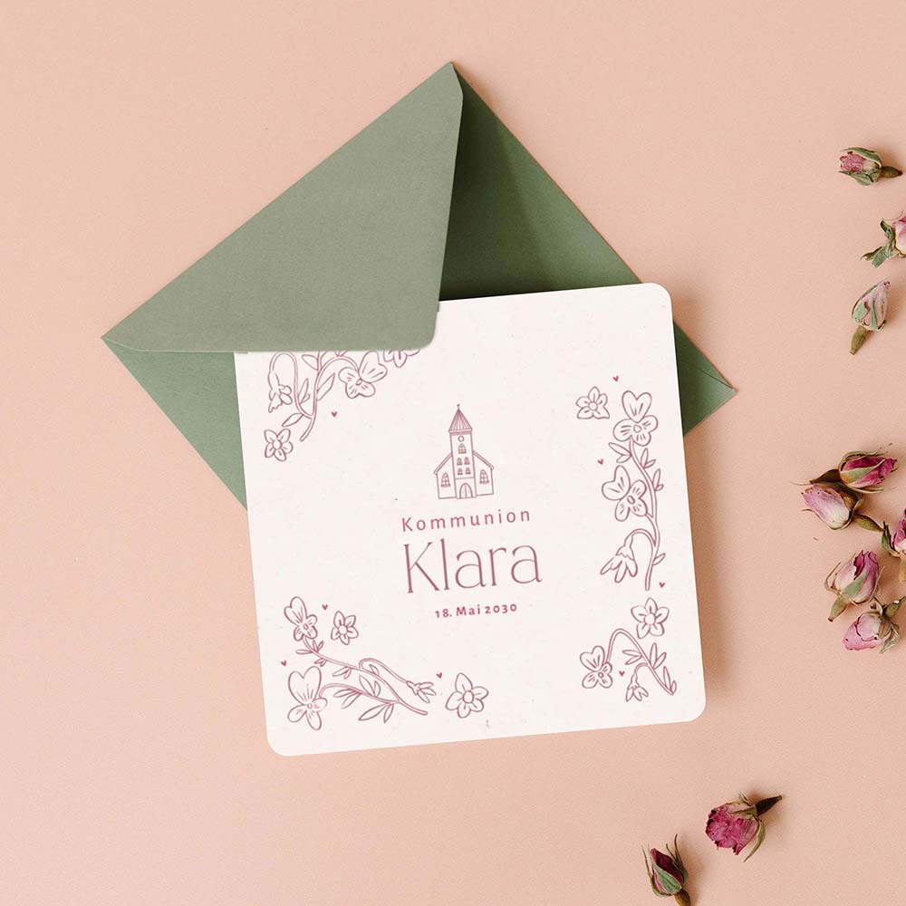 Einladung zur Kommunion mit rosa Blumen-Linienzeichnungen