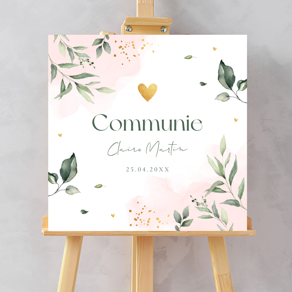 Welkomstbord communie roze meisje blaadjes groen