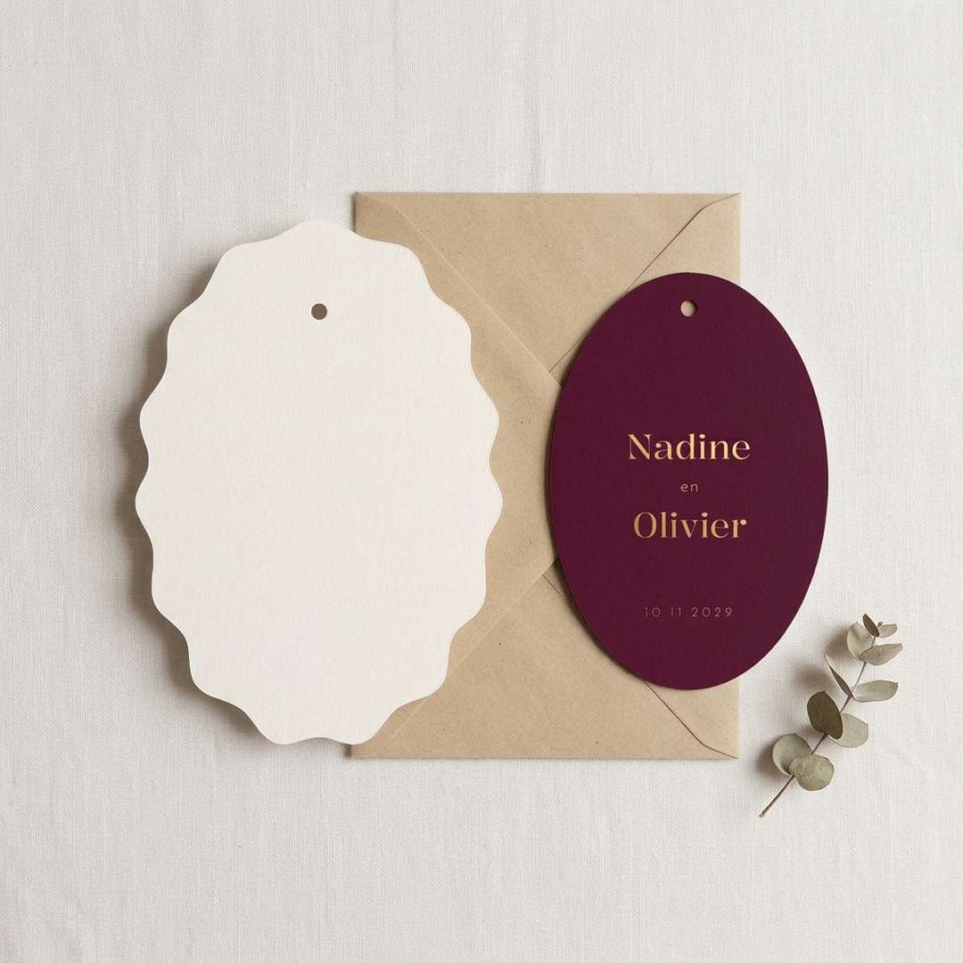 Trouwkaart set ovaal label lint aubergine