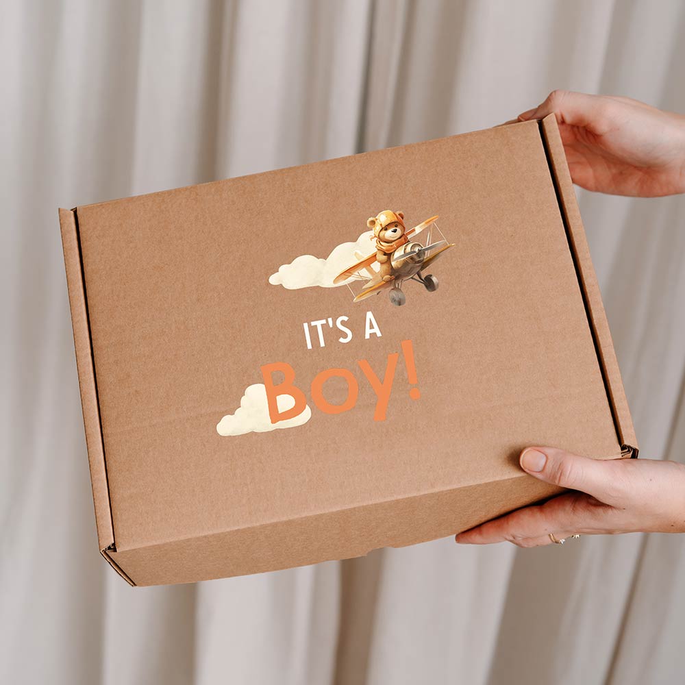 Unieke cadeaudoos van kraft met beer in vliegtuig, wolken en tekst