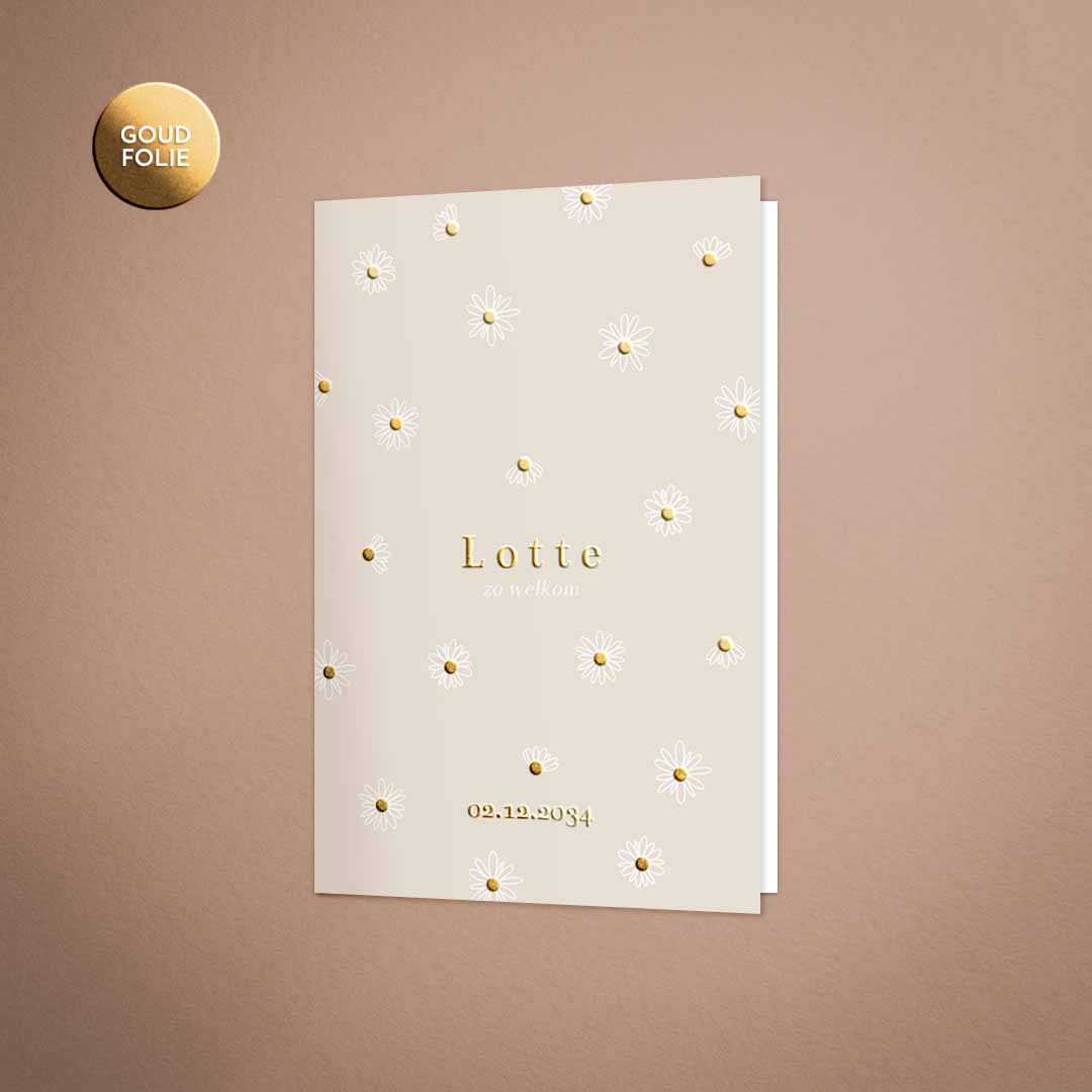 Lief geboortekaartje met madeliefjes met goud hartje voor een meisje