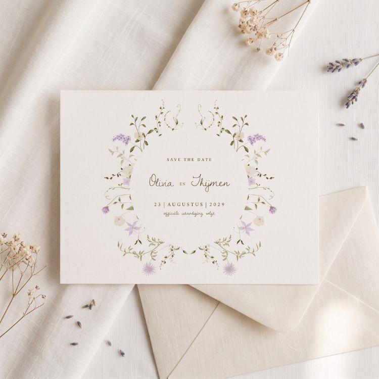 Save the Date bruiloft pastel veldbloemen krans