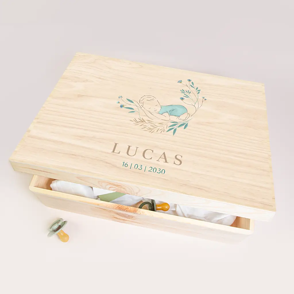 Memorybox met lijntekening baby en takjes