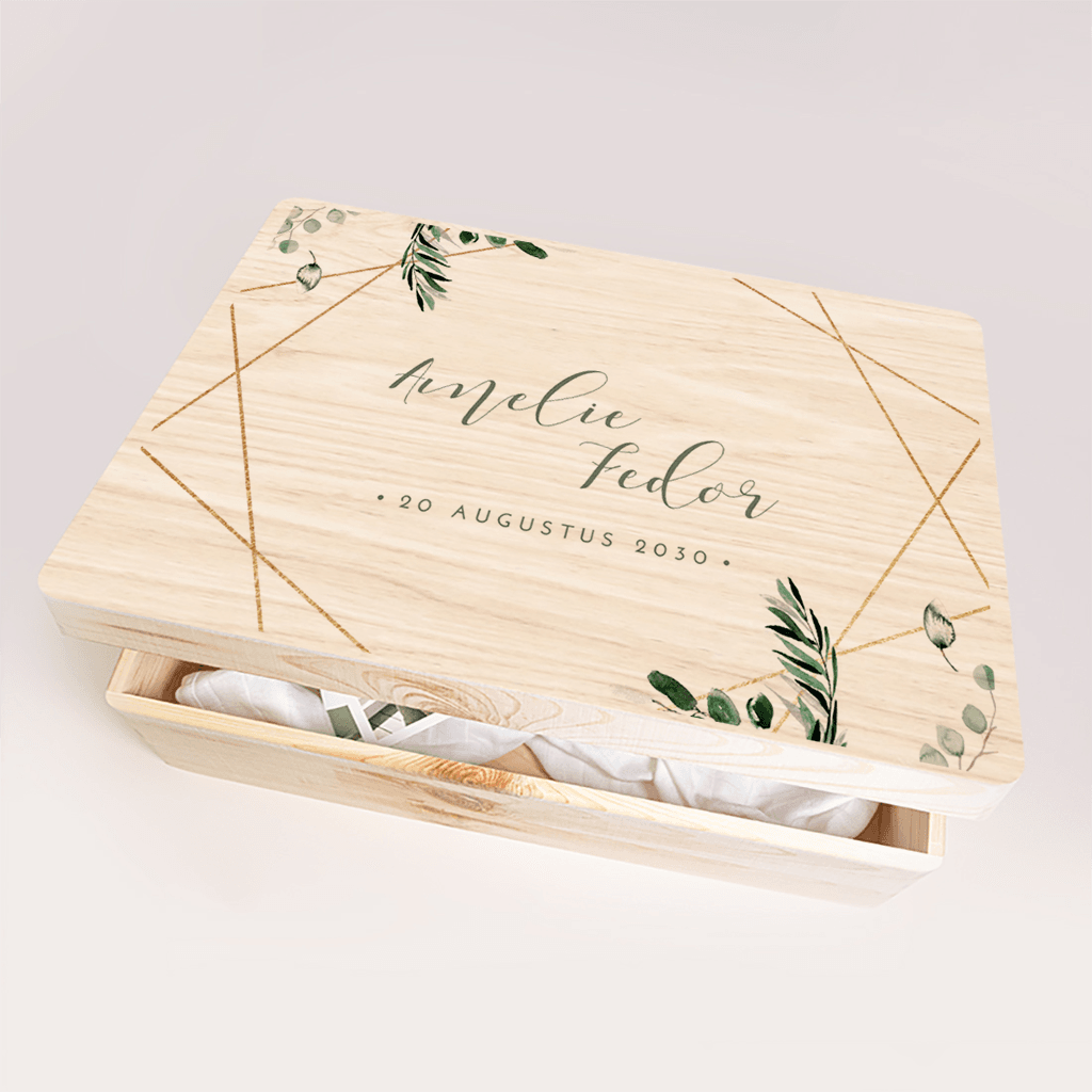 Elegante bruiloft memorybox met geometrisch figuur element