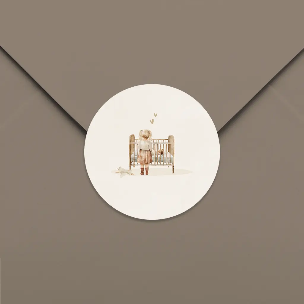 Sluitsticker met illustratie wiegje en grote zus - per 25 stuks