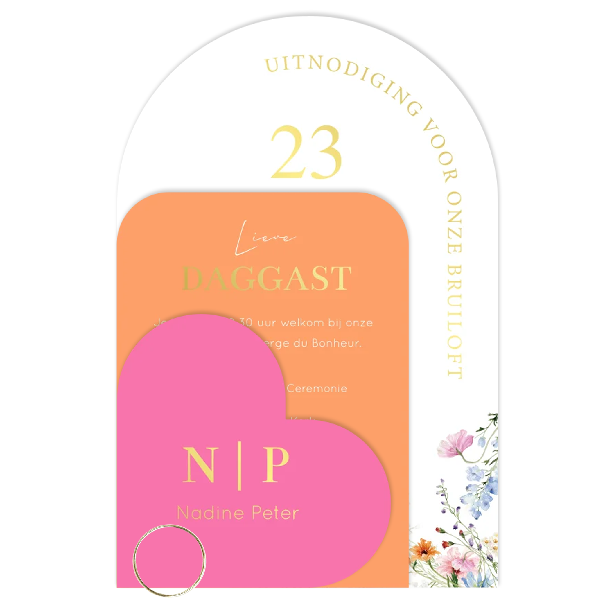 Trouwkaart labelkaart hartje Anemone oranje roze  | 11.4 × 17.1 cm