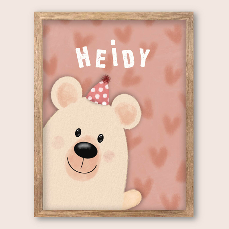 Kinderkamer poster met beer en naam – speelse poster met hartjes