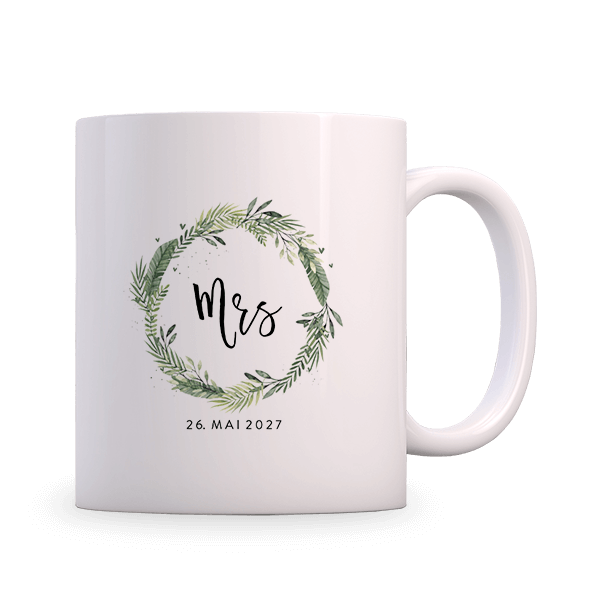 Personalisierbare Tasse Mrs mit Kranz