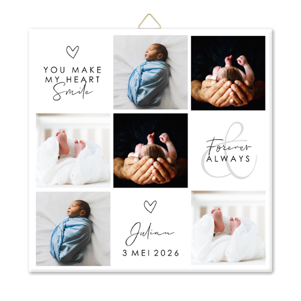 Keramiek tegeltje met zes babyfoto's en tekstvakken