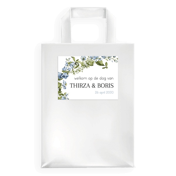 Bruiloft goodiebag sticker met blauwe bloemen