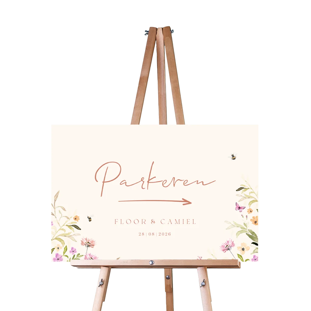 Bruiloft welkomstbord parkeren met veldbloemen