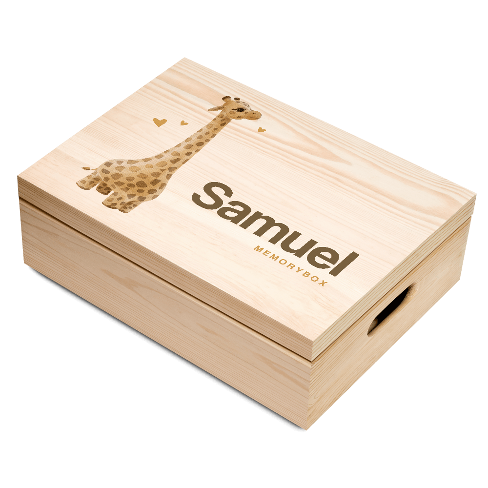 Lieve memory box geboorte van hout met girafje en hartjes