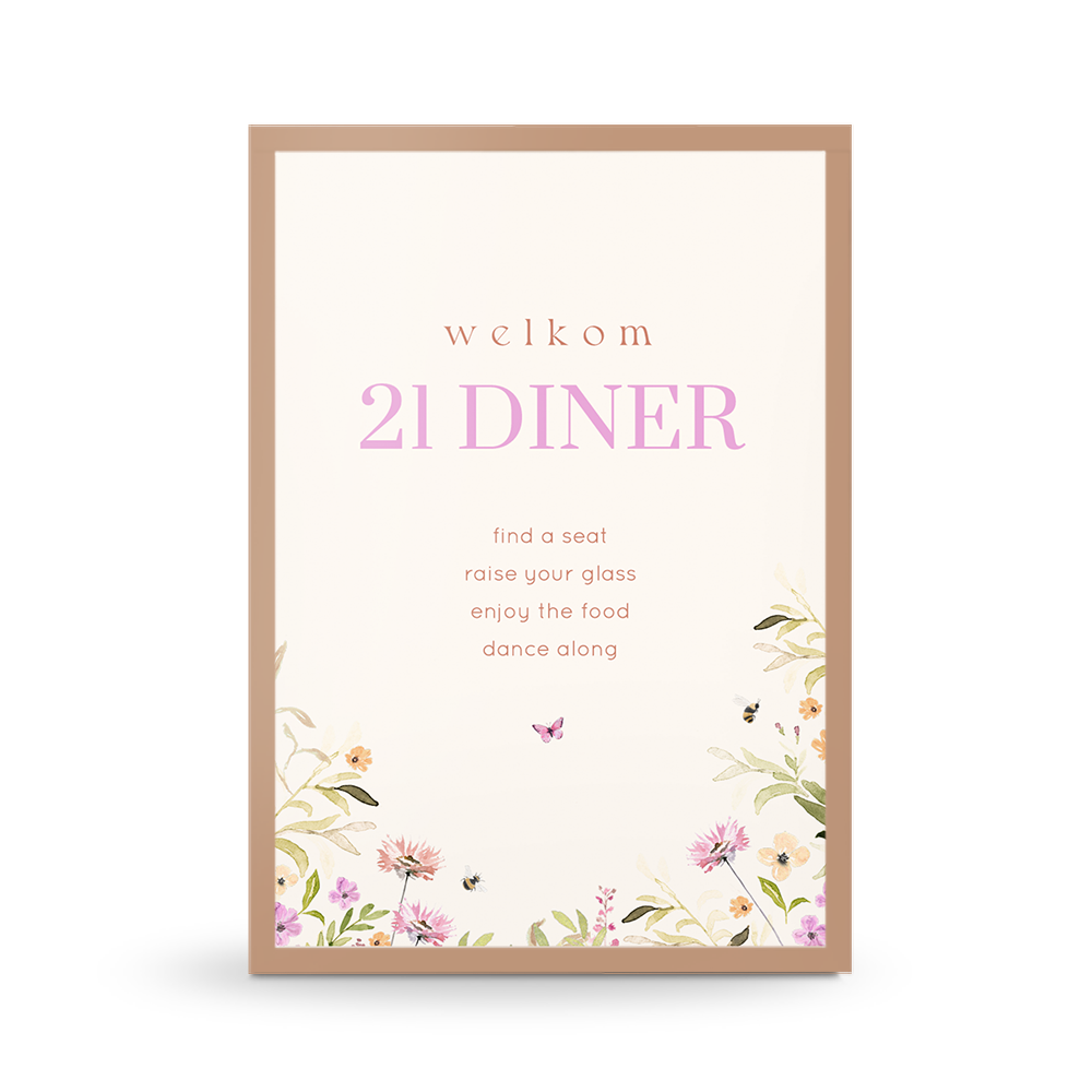 Welkomstposter 21 diner met veldbloemen en vlindertje
