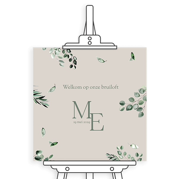 Vierkant welkomstbord met eucalytusblaadjes