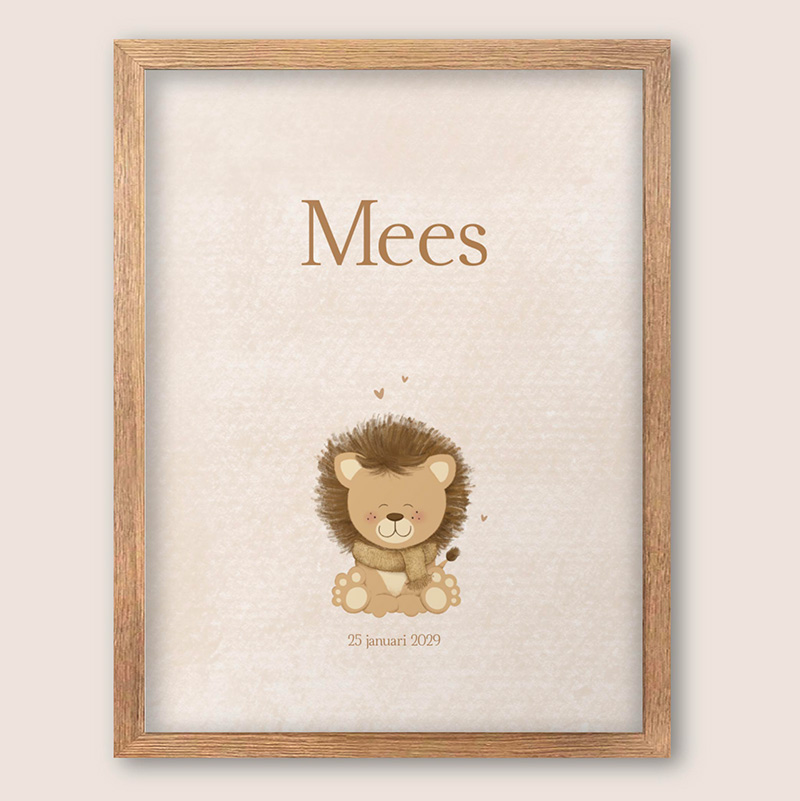 Poster met leeuwtje en sjaal in warme beige tinten – kinderkamer