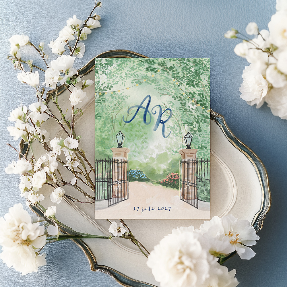 Trouwkaart 'Royal bliss' met aquarelschildering