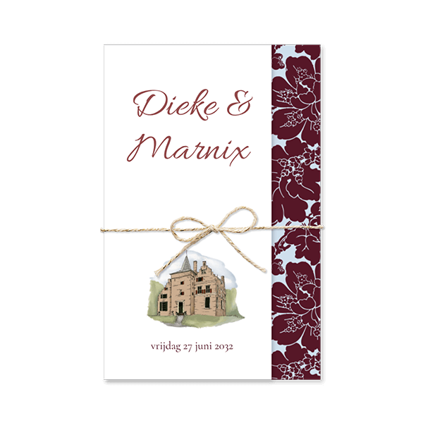 Trouwkaart drieluik mapje rood en trouwlocatie
