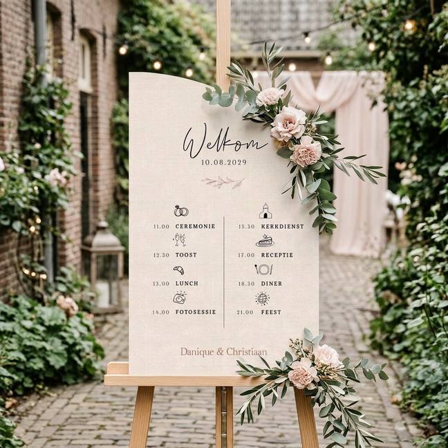 Bord dagplanning bruiloft half rond neutrale tinten