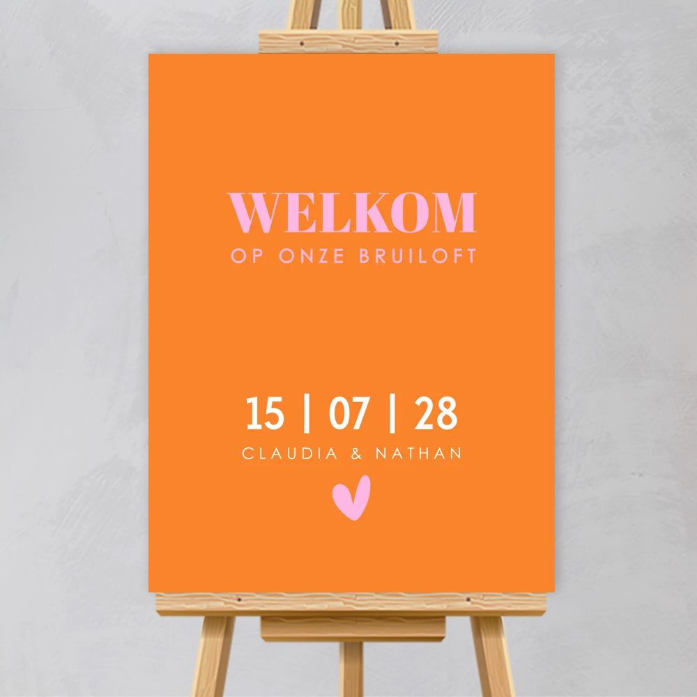 Bruiloftsbord oranje roze modern typografie