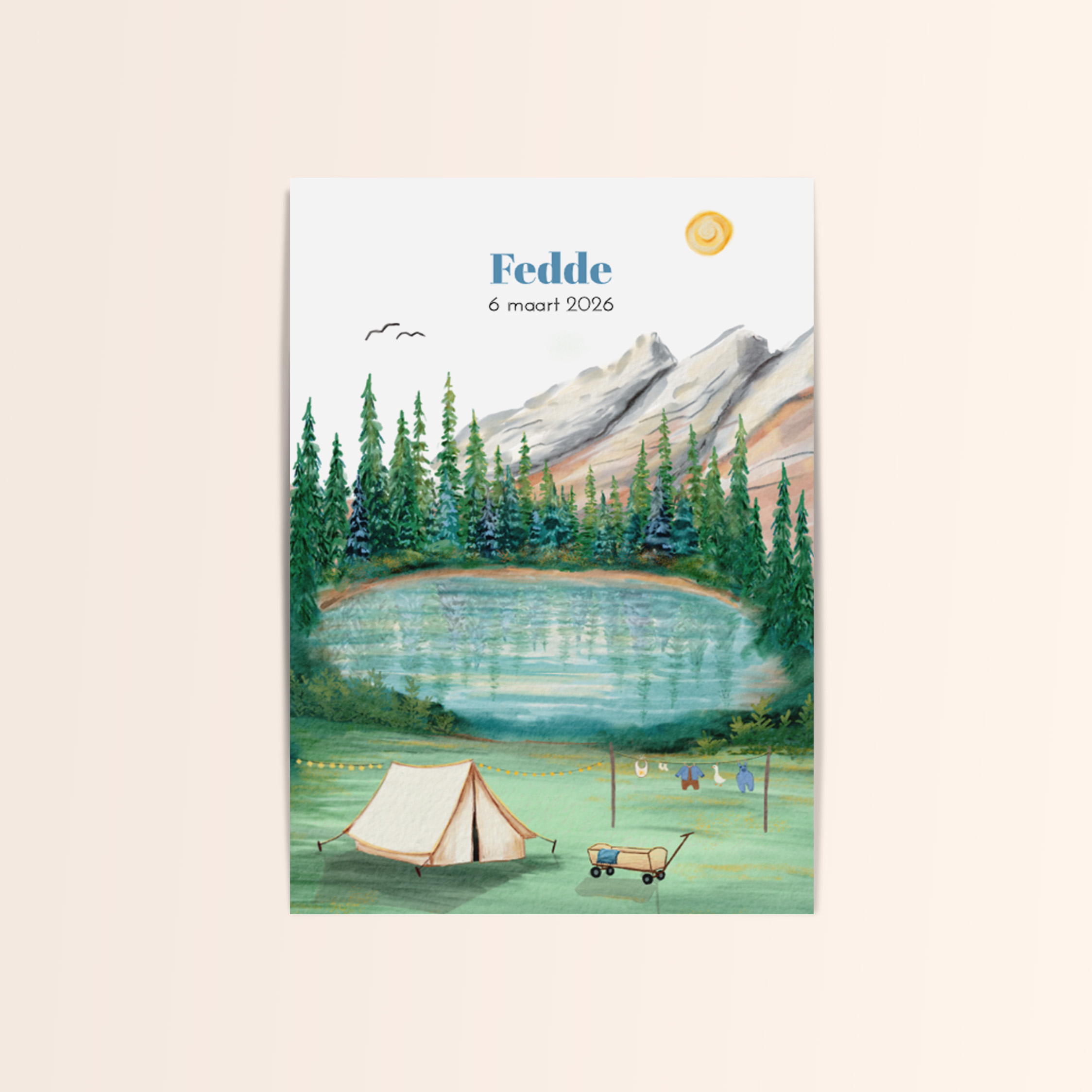 Geboortekaartje met tentje aan het water