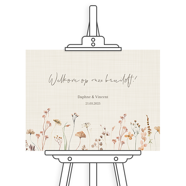 Liggend welkomstbord met bloemen