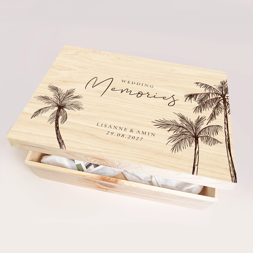 Memorybox bruiloft met palmbomen