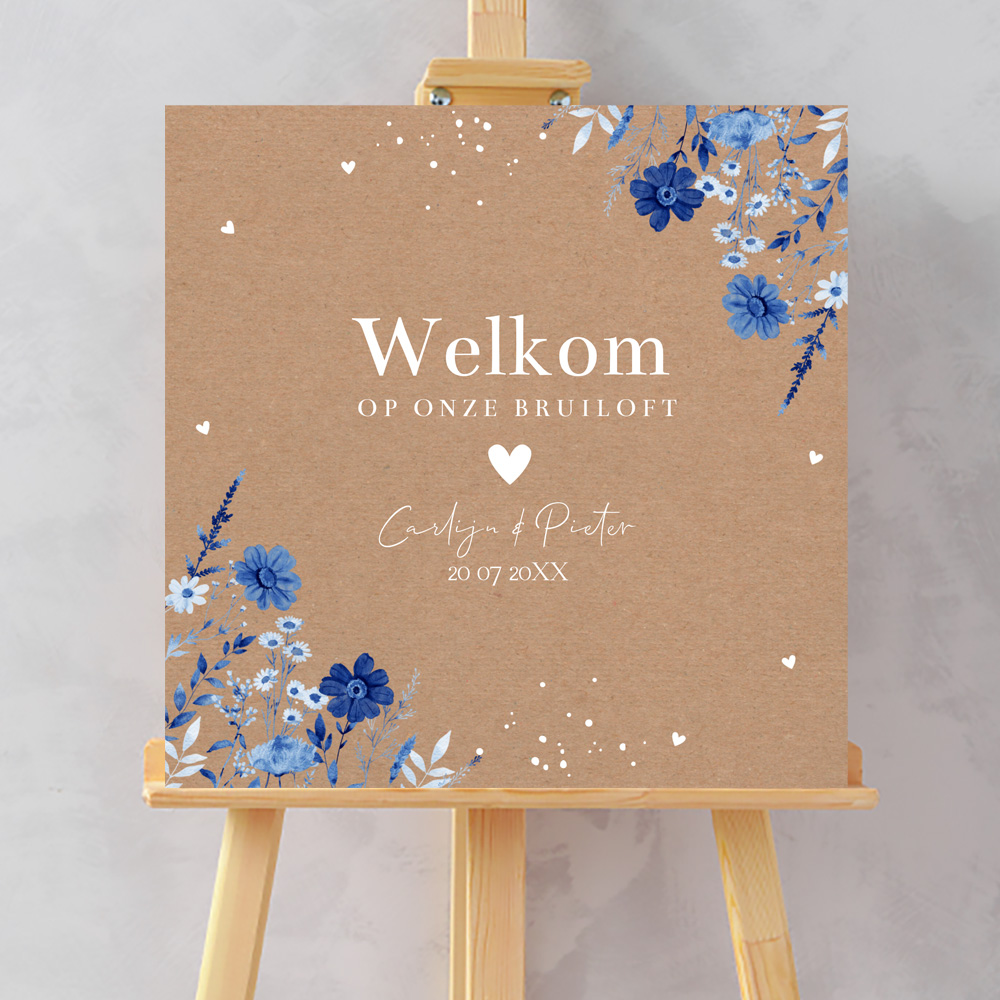 Bruiloftsbord bloemenkrans blauw kraft look 70x70 cm