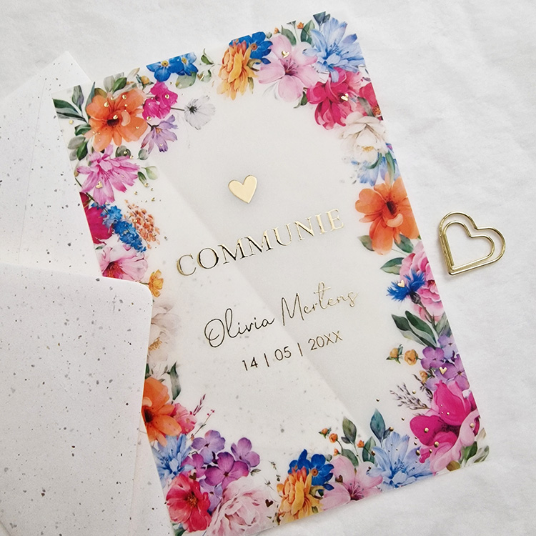 Communiekaart kalkpapier kleurrijke bloemen goudfolie (set 2 kaarten)