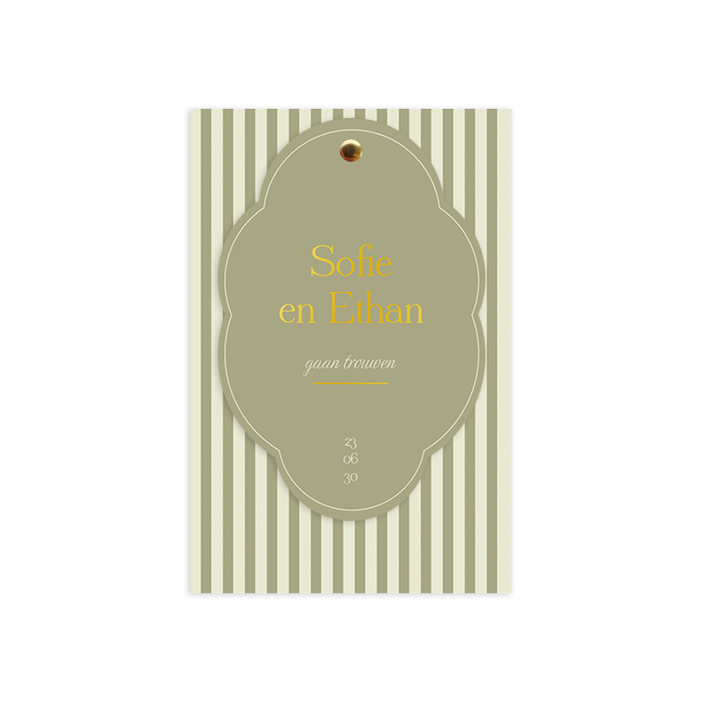 Klassieke en luxe trouwkaart met strepen en aparte vorm label
