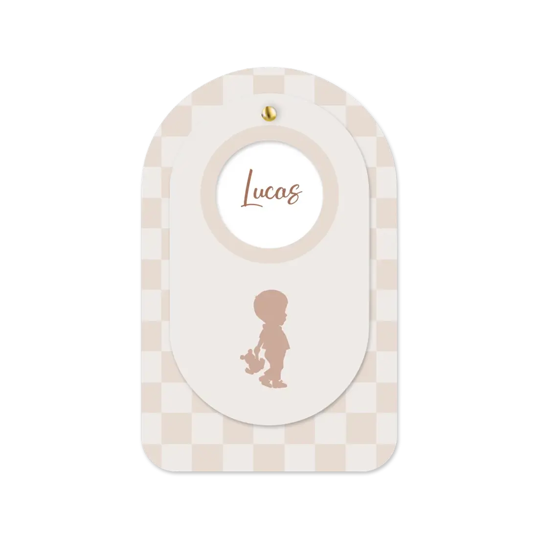Lief label geboortekaartje met beige ruitjespatroon en silhouetje
