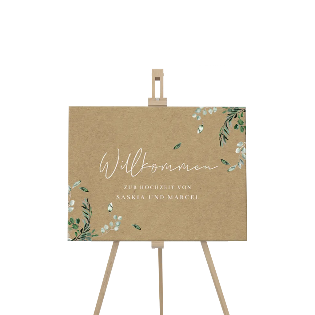 Willkommensschild Re-Board Karton im Kraft-Look mit Eukalyptuszweigen